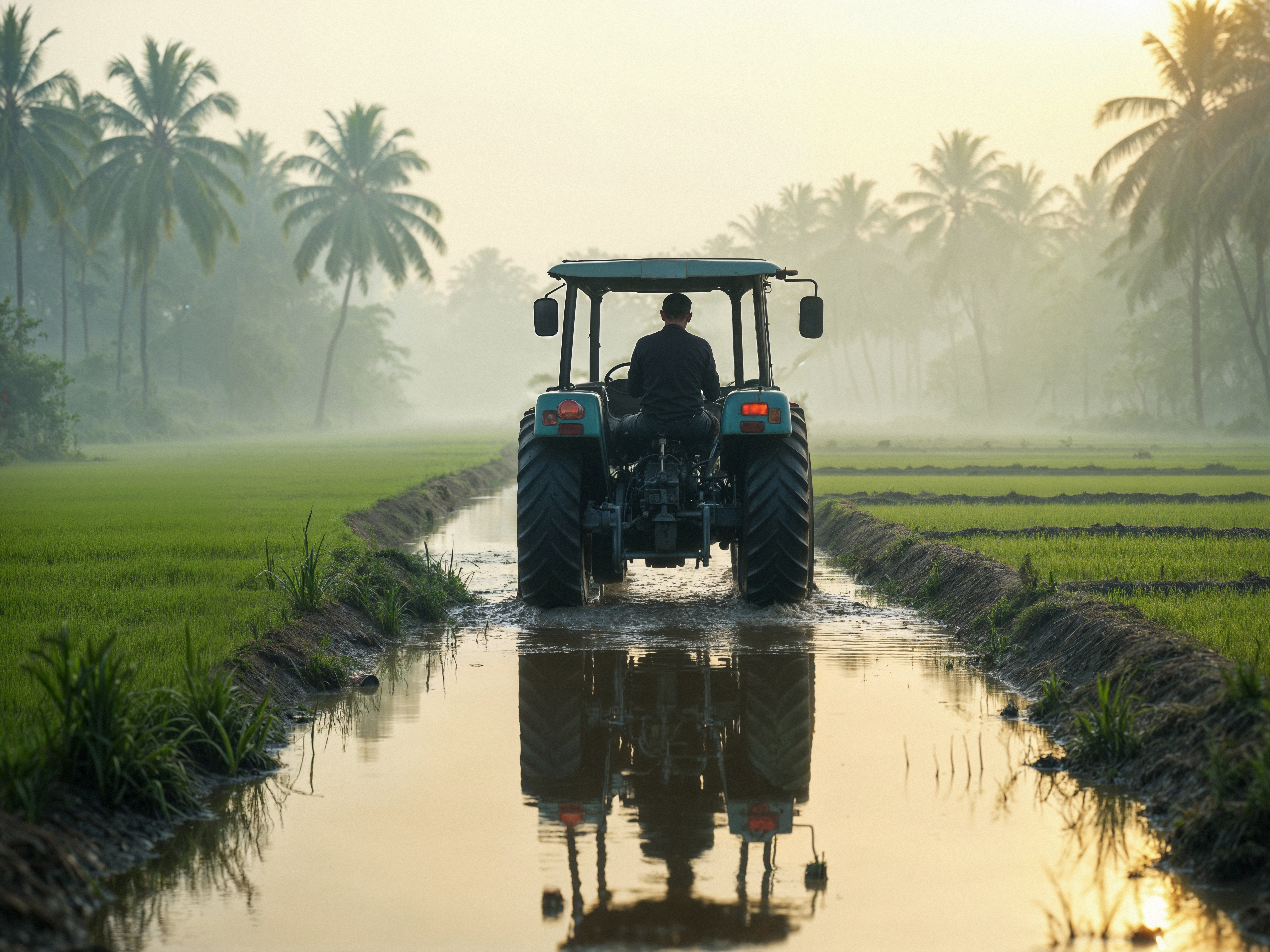 Farmers working in green field with crops